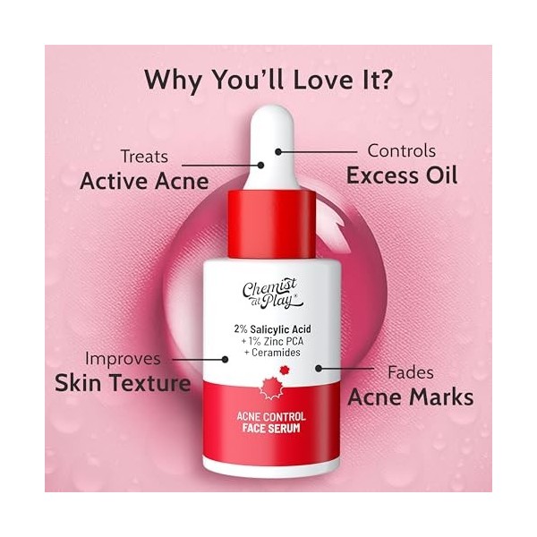 Chemist At Play Sérum visage à lacide salicylique 2 % | Traitez lacné active | Contrôle lhuile excessive | Marques de lac