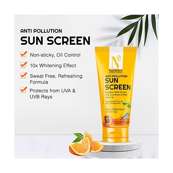 Nutriglow Advanced Organics Anti Pollution Sun Screen SPF 30 Pa+++ with Aloe Vera Extract for Non Greasy Daily Moisturizer, D