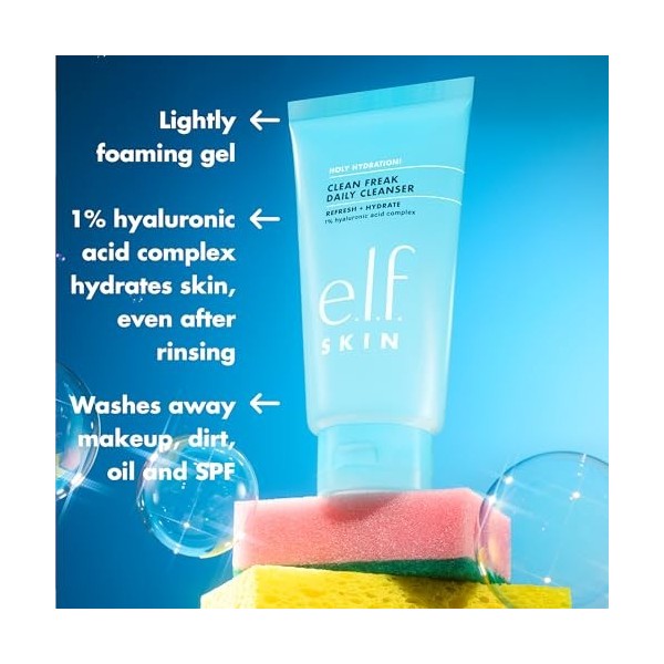 e.l.f. Skin Holy Hydration! Clean Freak Nettoyant quotidien en gel hydratant doux pour le visage, fabriqué avec de lacide hy ...