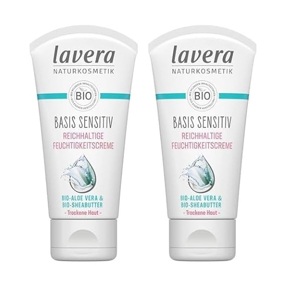 Lavera Naturkosmetik Basis Sensitiv Riche Hydratant Bio Aloe Vera & Beurre de karité Crème 1 x 50 ml Lot de 2 Crème Jour et ...