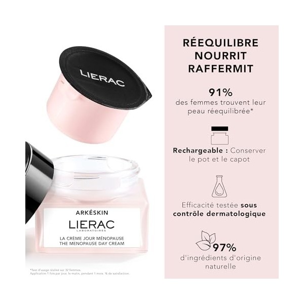 Lierac - Arkéskin- Recharge de la Crème Jour Ménopause 50ml - Soin Visage Ménopause - Réequilibre - Nourrit - Raffermit - 97%