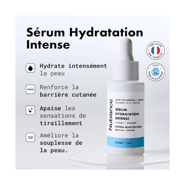 NUBIANCE – Sérum Hydratation Intense Visage – Acide hyaluronique haute concentration – Hydratation profonde, barrière renforc