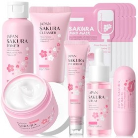 Sakura Kit de soin du visage, 11 pièces haute hydratation Sakura, toner, sérum, crème pour les yeux, baume à lèvres et masque...