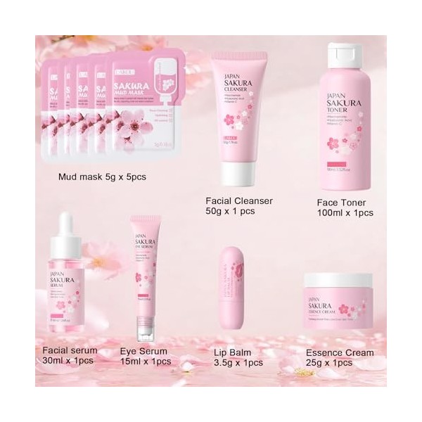 Sakura Kit de soin du visage, 11 pièces haute hydratation Sakura, toner, sérum, crème pour les yeux, baume à lèvres et masque...