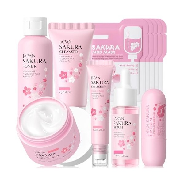 Sakura Kit de soin du visage, 11 pièces haute hydratation Sakura, toner, sérum, crème pour les yeux, baume à lèvres et masque...