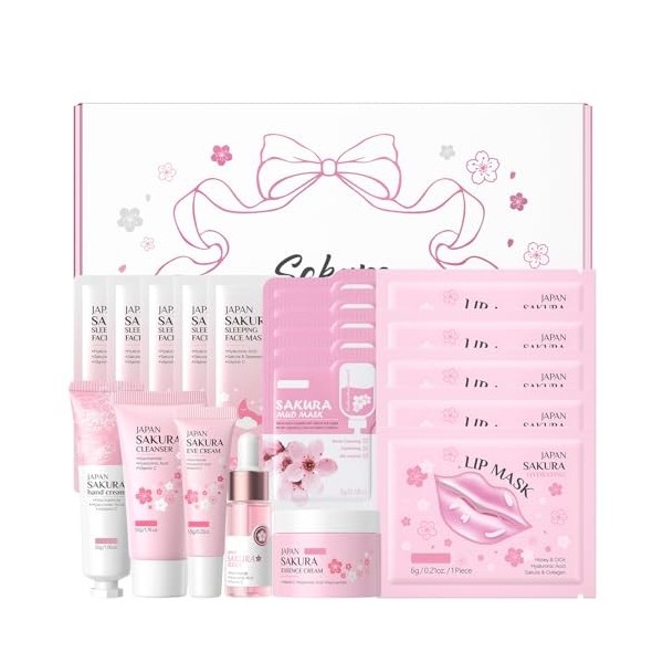 Sakura Kit de soin du visage, 11 pièces haute hydratation Sakura, toner, sérum, crème pour les yeux, baume à lèvres et masque...