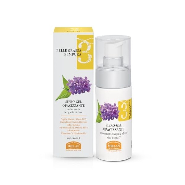 Helan Linea Viso 3 – Sérum Visage Gel Opacifiant et Lissant pour Peaux Grasses et Impures, avec Argile Blanche, Zinc, Cannell