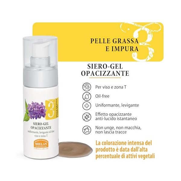 Helan Linea Viso 3 – Sérum Visage Gel Opacifiant et Lissant pour Peaux Grasses et Impures, avec Argile Blanche, Zinc, Cannell