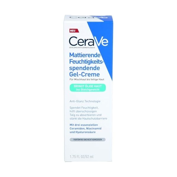 CeraVe Crème gel matifiante hydratante pour peaux grasses et grasses - Avec acide hyaluronique, céramides et niacinamide - Hy