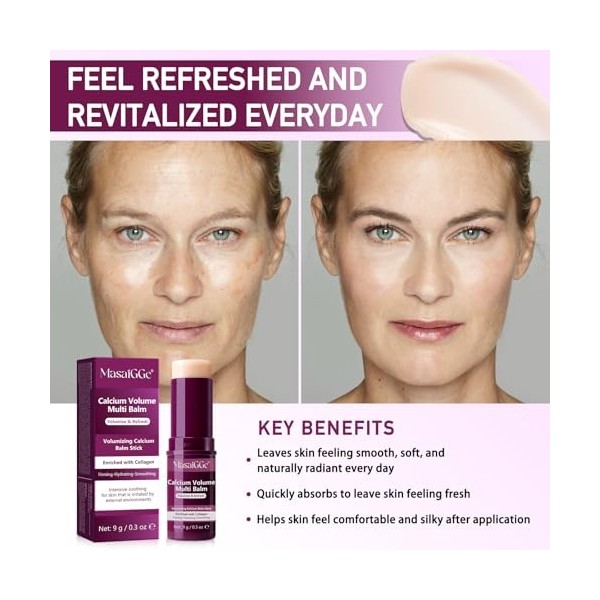 Calcium Volume Multi Balm, Stick Baume Multi-Usage au Calcium, Baume Volumisant au Calcium, Stick Hydratant au Collagène Coré