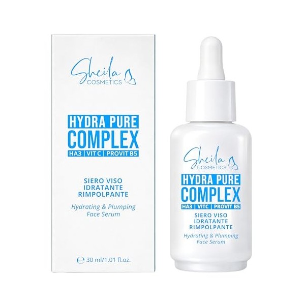 Sheila Cosmetics Hydra Pure Complex - Sérum Visage Hydratant et Répulpant avec Acide Hyaluronique à 3 Poids, Vitamine C Stabi