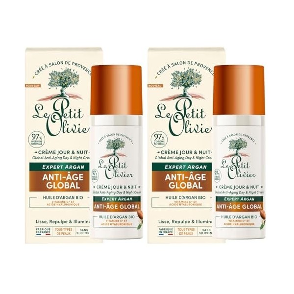 LE PETIT OLIVIER - Crème Jour & Nuit Anti-Âge - Huile dArgan, Vitamine C & Acide Hyaluronique - Lisse Repulpe & Illumine - T