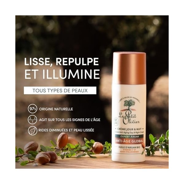 LE PETIT OLIVIER - Crème Jour & Nuit Anti-Âge - Huile dArgan, Vitamine C & Acide Hyaluronique - Lisse Repulpe & Illumine - T