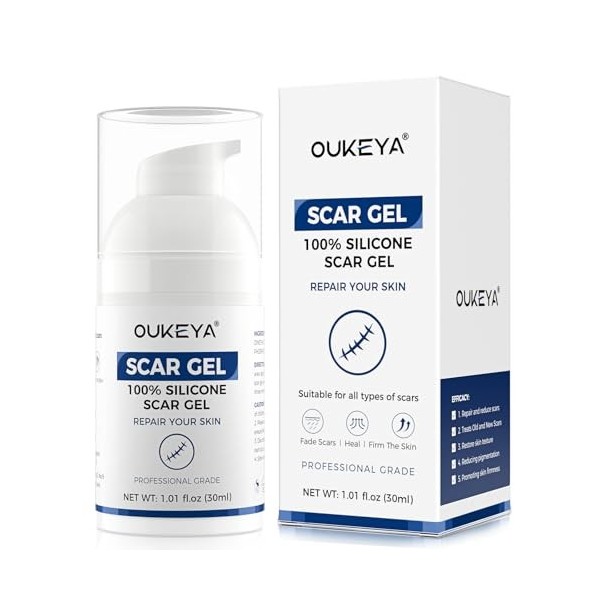 OUKEYA Gel Anti-Cicatrices au Silicone, Crème Réparatrice pour Cicatrices Anciennes et Récentes, Acné, Vergetures, Chirurgie 