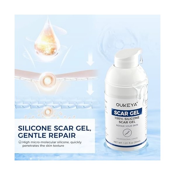 OUKEYA Gel Anti-Cicatrices au Silicone, Crème Réparatrice pour Cicatrices Anciennes et Récentes, Acné, Vergetures, Chirurgie 