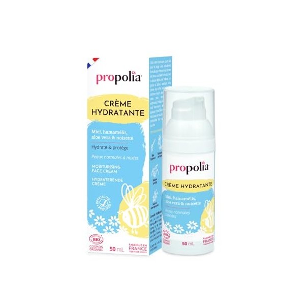 PROPOLIA - Bio - Crème Hydratante Visage Peaux Normales à Mixtes – Miel, Aloe Vera, Hamamélis & Noisette – Cosmos Organic – T
