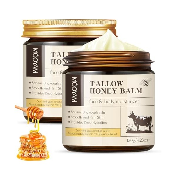 2 Pièces Beef Tallow for Skin, Suif de Bœuf Soins pour le Corps, Tallow and Honey Balm, 100% Naturel et Biologique pour le Vi
