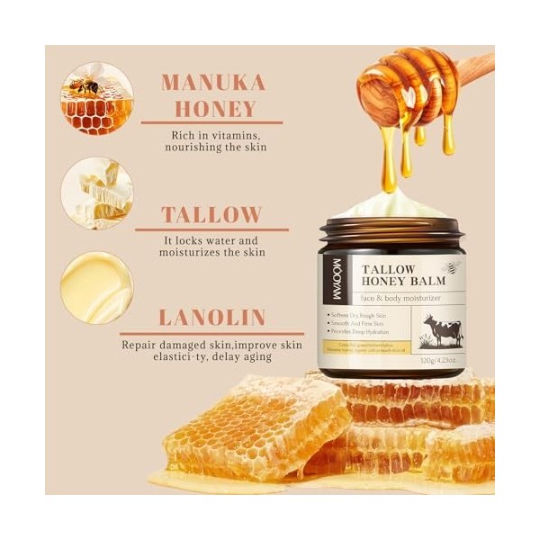 2 Pièces Beef Tallow for Skin, Suif de Bœuf Soins pour le Corps, Tallow and Honey Balm, 100% Naturel et Biologique pour le Vi