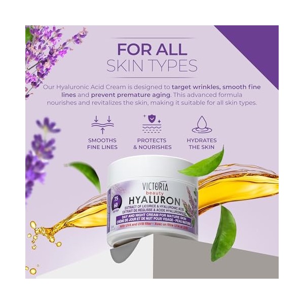Victoria Beauty Crème anti-âge à lacide hyaluronique contre les rides et les cernes, crème pour le visage à lacide hyaluron C...