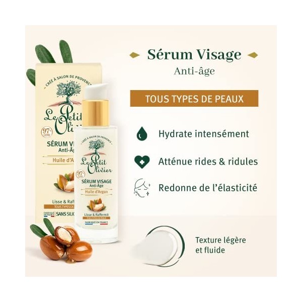 LE PETIT OLIVIER - Sérum Visage Anti-Âge - Huile dArgan - Lisse & Raffermit - Tous Types De Peaux - 97% DOrigine Naturelle C...