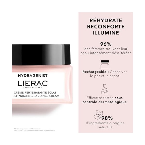Lierac - Hydragenist - La Crème Réhydratante Éclat 50ml - Soin Visage - Réhydrate - Réconforte - Illumine - 98% d’ingrédients