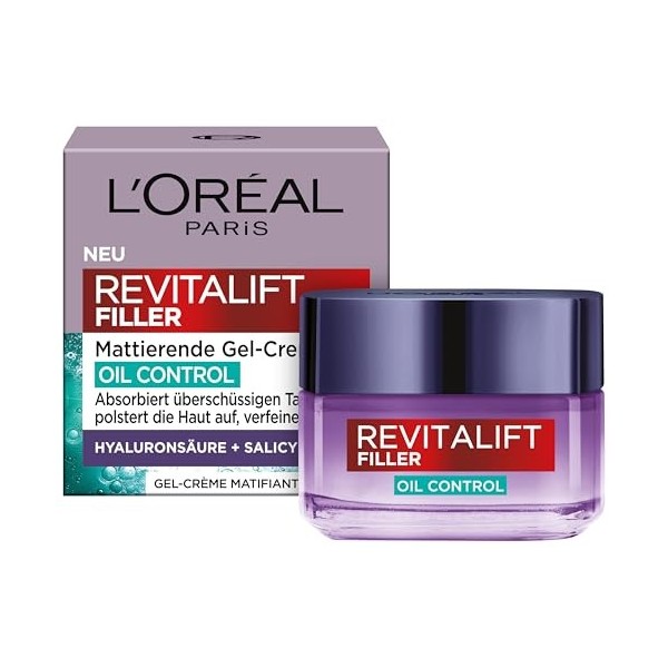 LOréal Paris Revitalift Filler Crème gel matifiante Oil Control – Crème visage à lacide hyaluronique et à lacide salicyliq