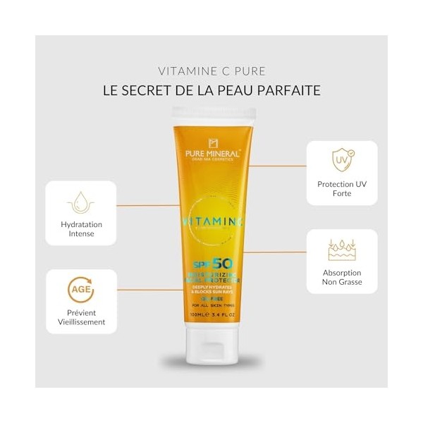 Pure Mineral - Protecteur Hydratant Visage SPF50 - Minéraux Mer Morte, Vitamine C, Protection UV, Hydratation Intense - Sans 