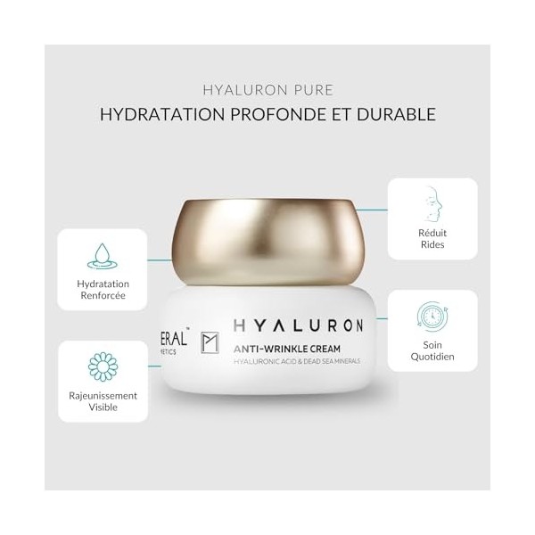 Pure Mineral - Crème Anti-Rides Hyaluron pour Tous Types de Peau - Minéraux Mer Morte, Hydratation Renforcée, Raffermit le Vi