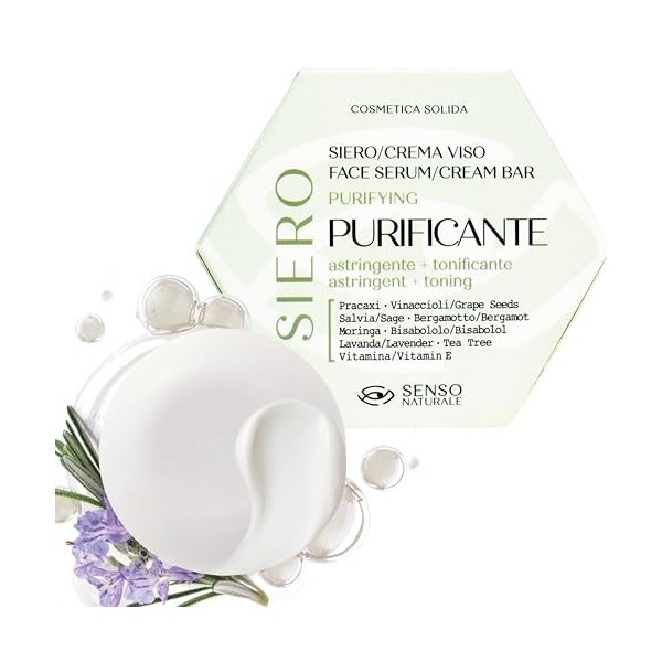 Senso Naturale Sérum Visage Solide Purifiant Astringent à la Vitamine E, Crème Visage pour Peau Mixte ou Grasse, Masque de Nu