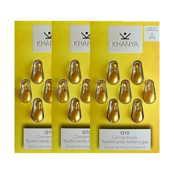 Khanya Q10 Crème concentrée raffermissante anti-rides avec extrait de ginkgo | vitamine E [Pack de 3 blisters x 7 capsules] [