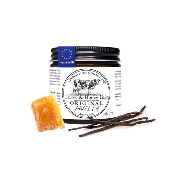 Original Tallow & Honey Balm Vanilla 60 ml, Crème au Suif de Bœuf et Miel, Baume Naturel Visage et Corps Grass-Fed, Pour Peau...