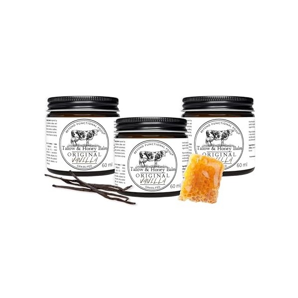 Original Tallow & Honey Balm Vanilla 60 ml, Crème au Suif de Bœuf et Miel, Baume Naturel Visage et Corps Grass-Fed, Pour Peau...
