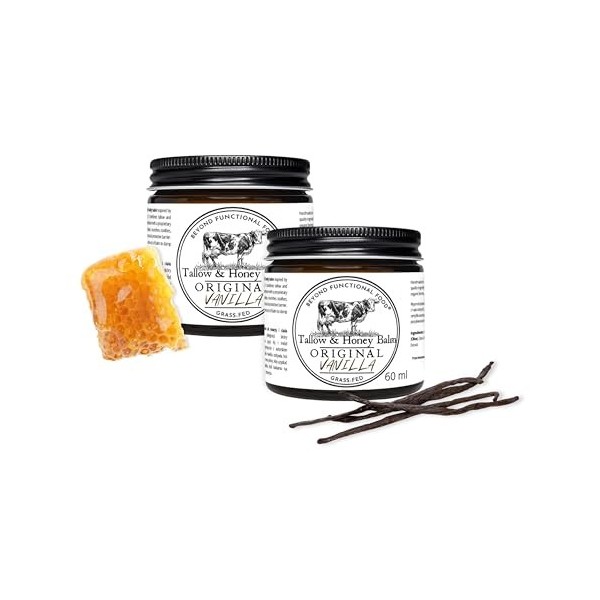 Original Tallow & Honey Balm Vanilla 60 ml, Crème au Suif de Bœuf et Miel, Baume Naturel Visage et Corps Grass-Fed, Pour Peau...