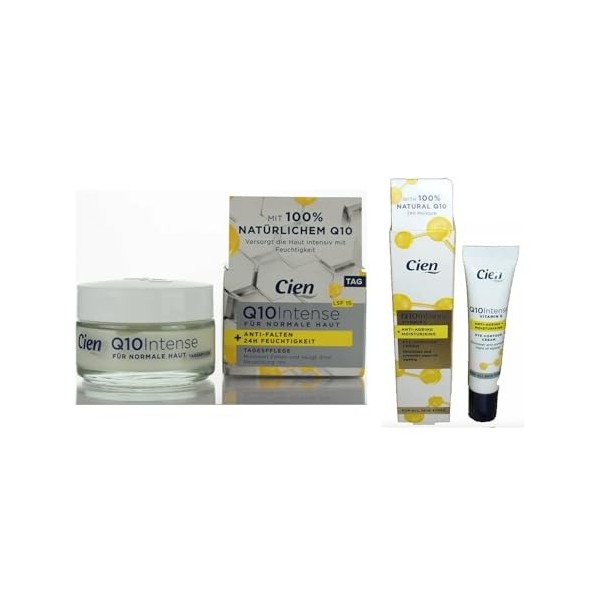 Lot 2 - Cien - Crème Visage Anti-Rides Q10 Intense 50ml Jour SPF 15 Hydratation Intense + Contour des Yeux 15ml Lot 2