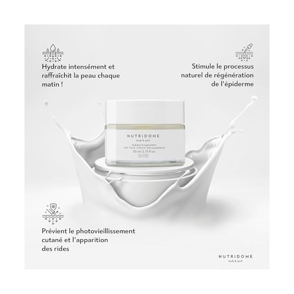 Nutridome Crème de jour hydratante pour le visage - Crème anti-rides avec huile de macacamia et dargan - Lait de chèvre - Ex