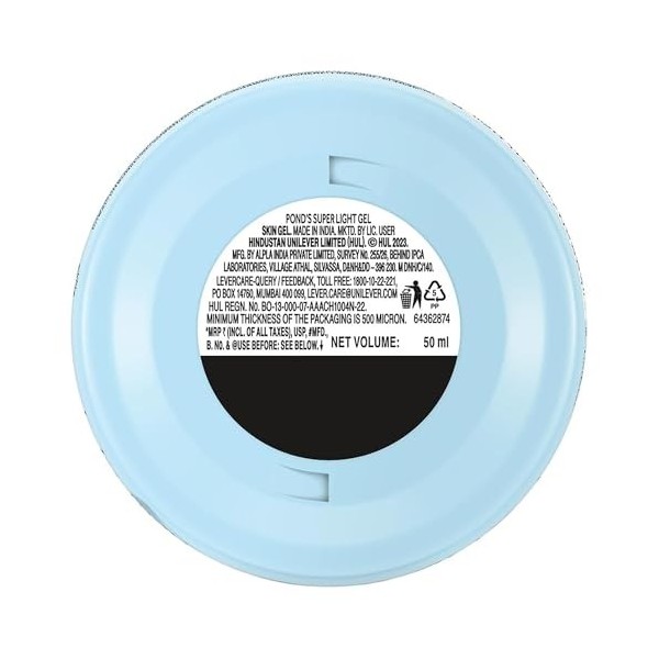 Ponds Gel hydratant super léger sans huile 50 g | Avec acide hyaluronique et vitamine E pour une peau fraîche et éclatante et