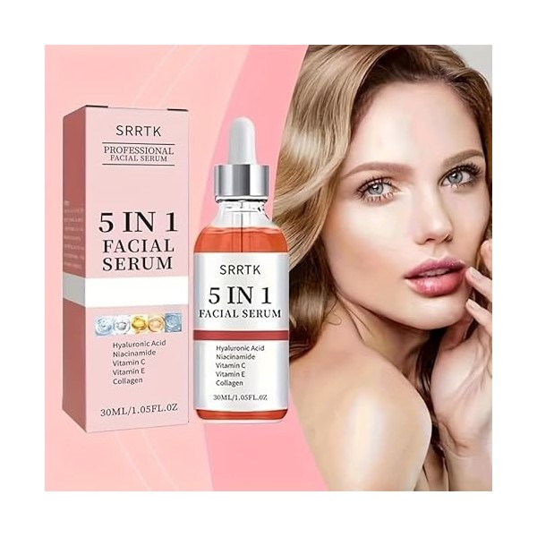 Sérum au collagène - Soin du visage 5 en 1 avec acide hyaluronique, collagène, niacinamide, vitamine C et E - Formule hydrata