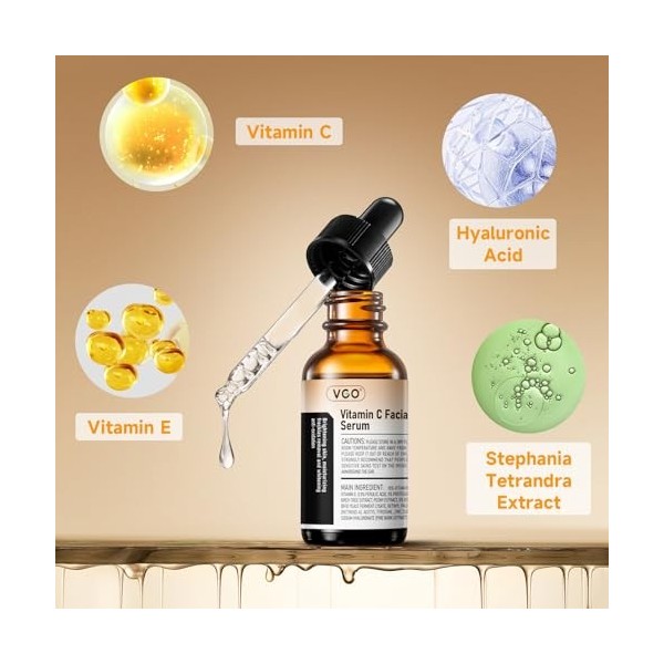 VGO Sérum à la vitamine C pour le visage, sérum facial avec vitamine E et acide hyaluronique, teint uniforme, anti-taches som