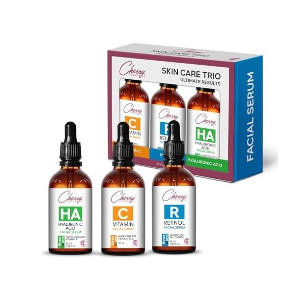 Kit Skincare avec sérum à la vitamine C, sérum au rétinol et sérum à lacide hyaluronique. Sérum visage trio avec anti-âge/an