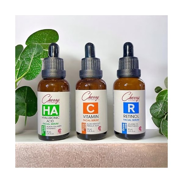 Kit Skincare avec sérum à la vitamine C, sérum au rétinol et sérum à lacide hyaluronique. Sérum visage trio avec anti-âge/an
