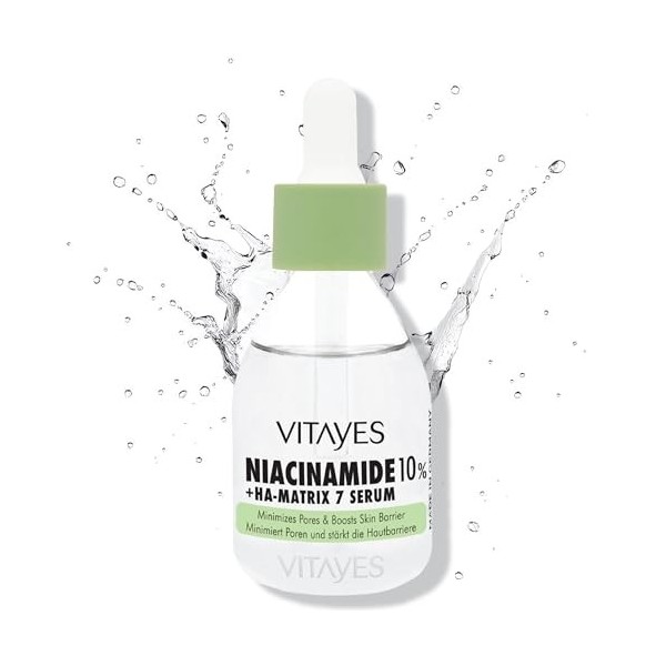 Vitayes Sérum 10 % de niacinamide et dacide hyaluronique - 30 ml - Sérum anti-âge pour le visage - Hydratant et renforce la 