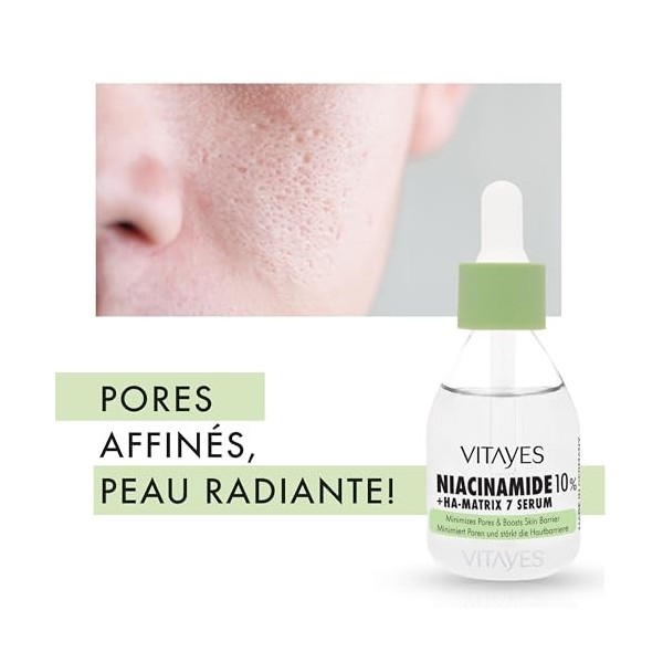 Vitayes Sérum 10 % de niacinamide et dacide hyaluronique - 30 ml - Sérum anti-âge pour le visage - Hydratant et renforce la 