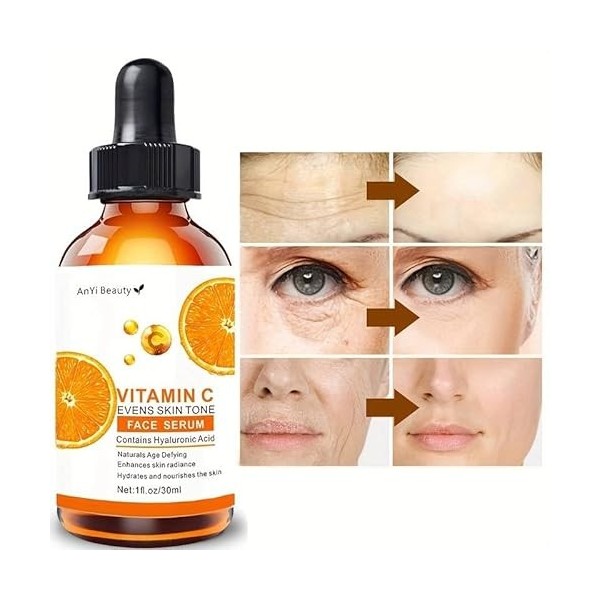 Sérum de vitamine C pour le visage 20 % avec acide hyaluronique et acide férulique - Soin naturel bio pour cicatrices dacné,
