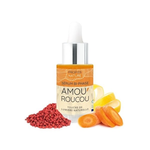 Sérum bi-phase AMOUROUCOU Bio - Roucou, Carotte, Acide de fleurs - Peeling doux - Anti-âge - Eclat - Fabriqué en France - 30 ...
