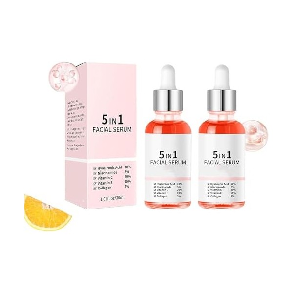 Sérum Vitamine pour la Peau, Sérum Anti-Rides et Raffermissant 5 en 1, Nourrissant et Hydratant, Réduit les Ridules,2pcs Crèm...