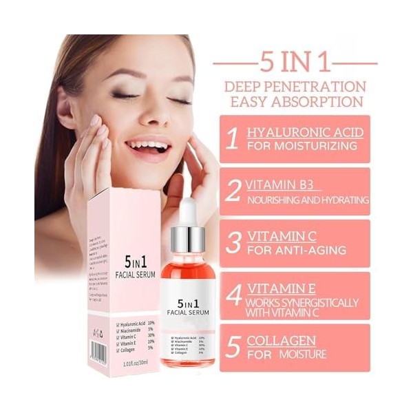 Sérum Vitamine pour la Peau, Sérum Anti-Rides et Raffermissant 5 en 1, Nourrissant et Hydratant, Réduit les Ridules,2pcs Crèm...