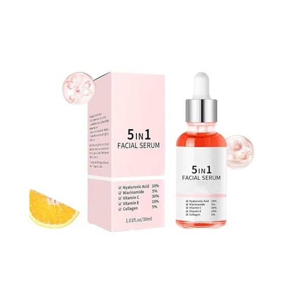 Sérum Vitamine pour la Peau, Sérum Anti-Rides et Raffermissant 5 en 1, Nourrissant et Hydratant, Réduit les Ridules,2pcs Crèm...