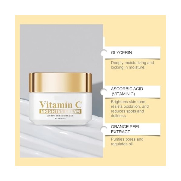 Crème Visage À la Vitamine C - Illumine le Teint, Atténue Les Taches Brunes, Resserre Les Pores, Améliore la Douceur de la Pe...