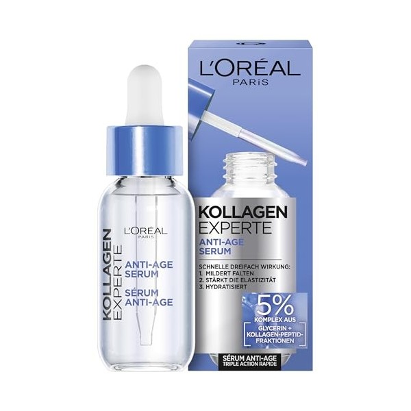 LOréal Paris Sérum Anti-Vieillissement Anti-Ride, Sérum Hydratant Anti-Âge pour La Peau à la Glycérine et Vitamine C, Expert