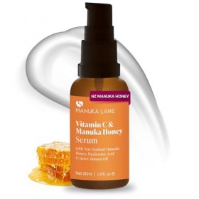 Sérum à la vitamine C pour le visage et le cou avec acide hyaluronique, miel de Manuka et huile damande douce | Formule à ba ...